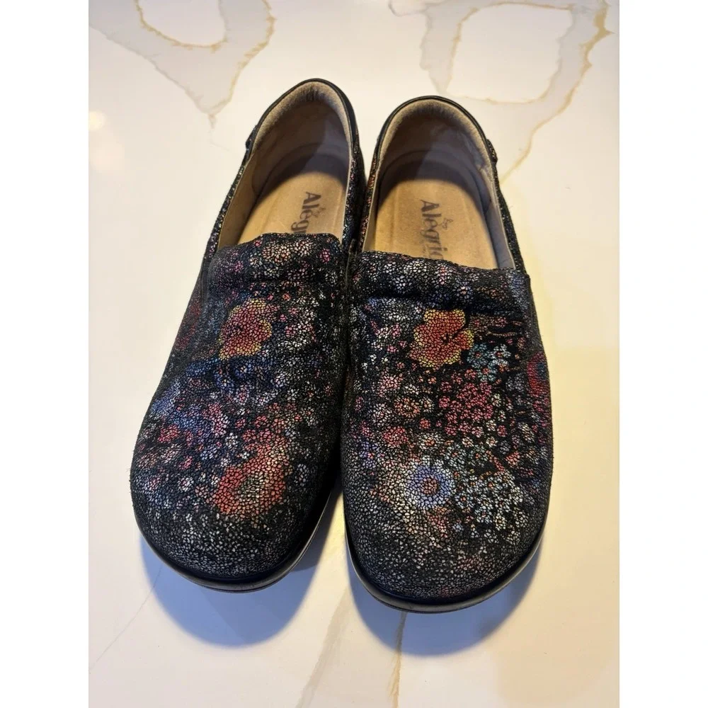 Alegria KEL-323 Women Black Floral Leather Slip-On Shoes Clogs Size 39 /US 8.5-9